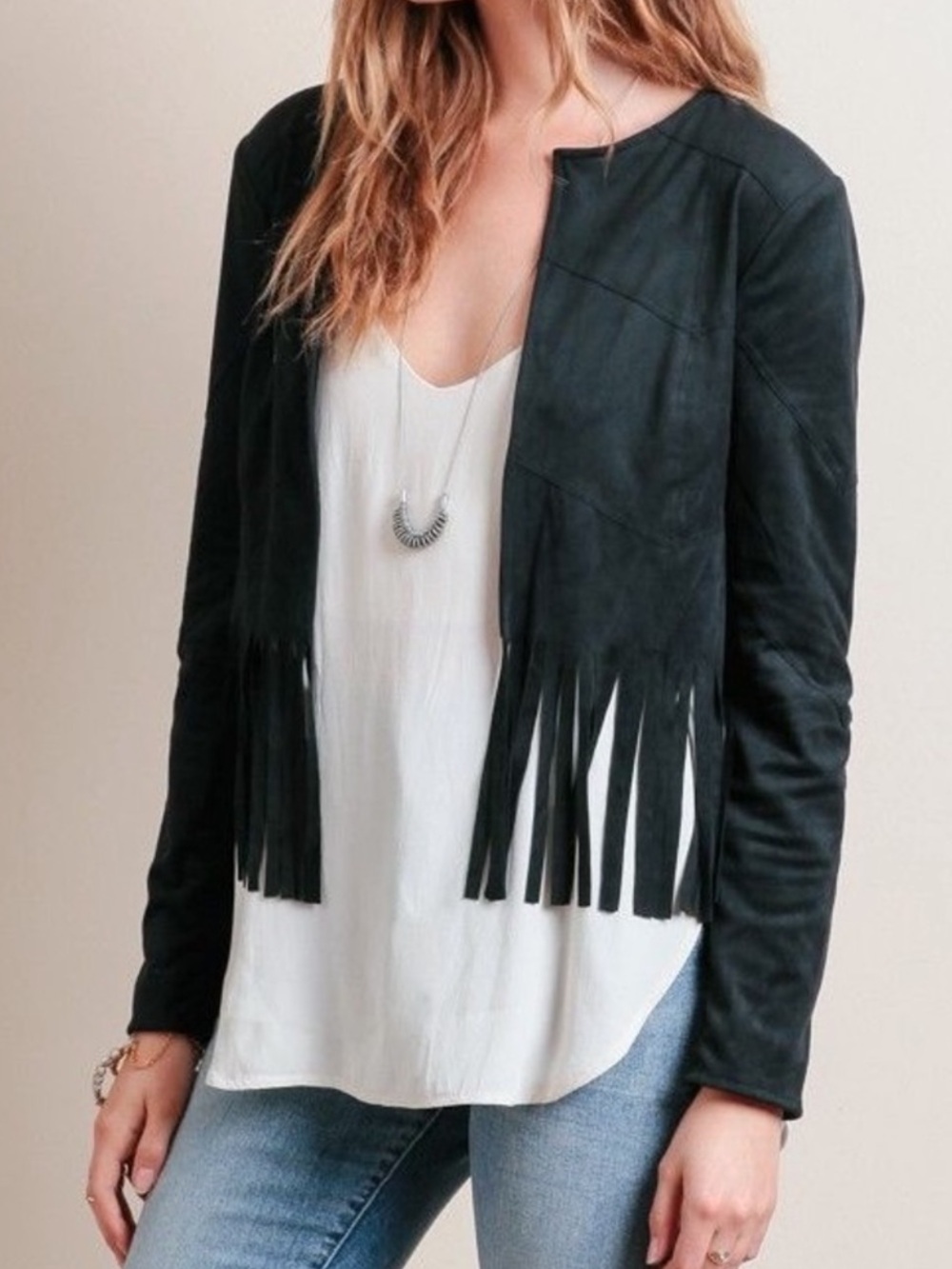EUC Medium BB Dakota Black Nova Fringe Suede-Style Open Jacket!